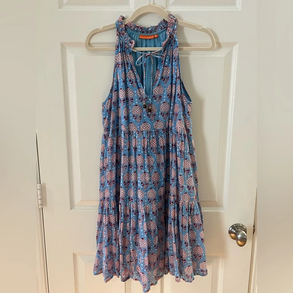Oliphant (M)- Tiered Mini dress, blue and red floral block print - Picture 1 of 4
